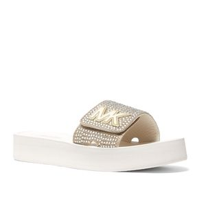 New! MICHAEL KORS Rhinestone MK Logo Platform Slide Sandals Shoes Open-Toe